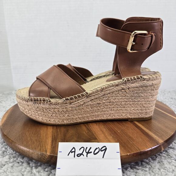Coach Primrose Brown Leather Double Ankle Strap Platform Espadrille Wedge Sandal - Picture 1 of 16